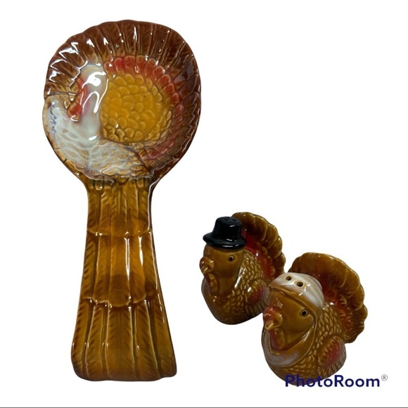 Thanksgiving Kitchen Ceramic Set Spoon Rest Salt Pepper Shakers 3 PC - Picture 2 of 8